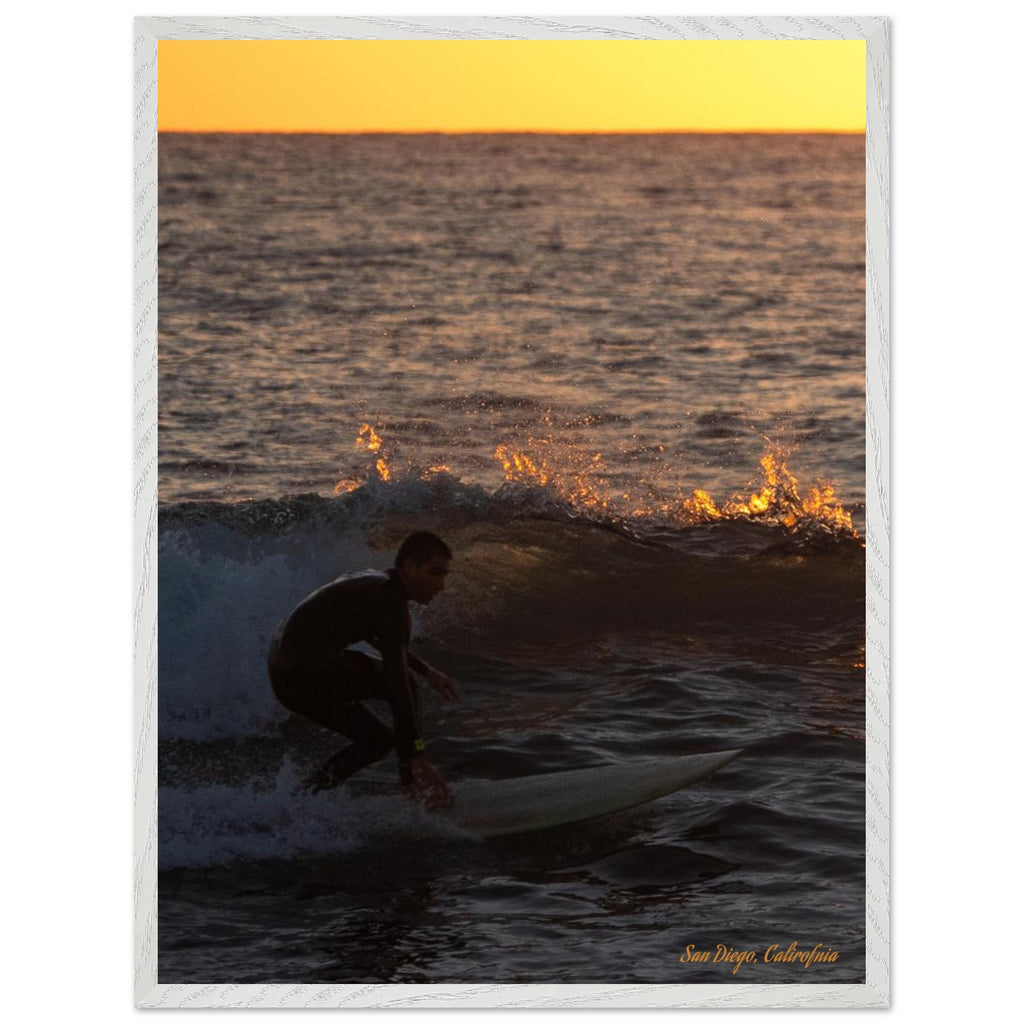 Framed San Diego surfers sunset print hanging on a wall