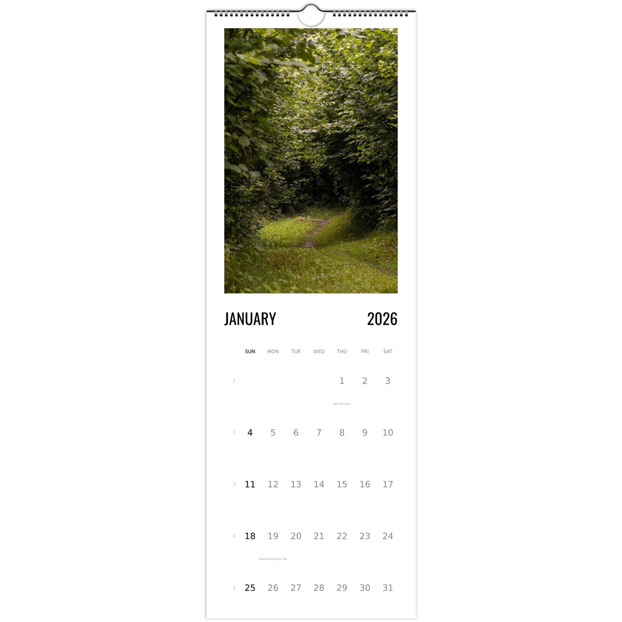 Swiss forest calendar shown in a styled room