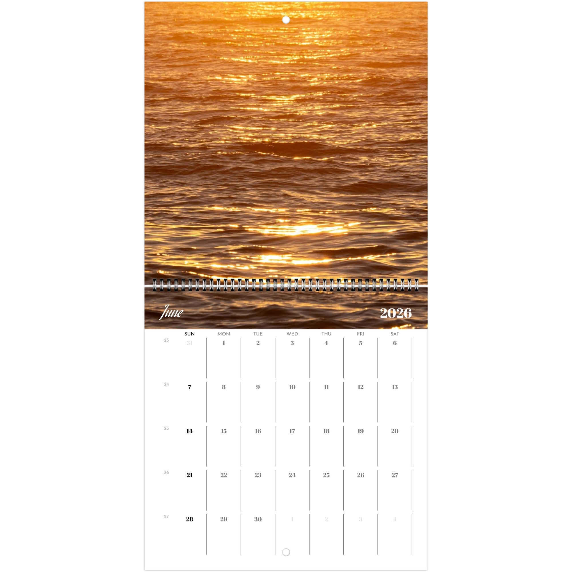 Wave photography calendar showing a monthly spread