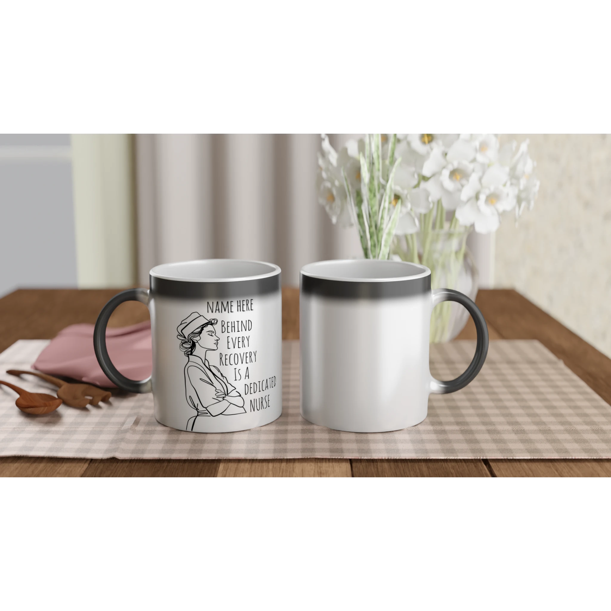 Nurse gift mug set showing color change reveal with hot coffee