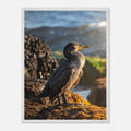 Cormorant wall art shown in wood and black frame options