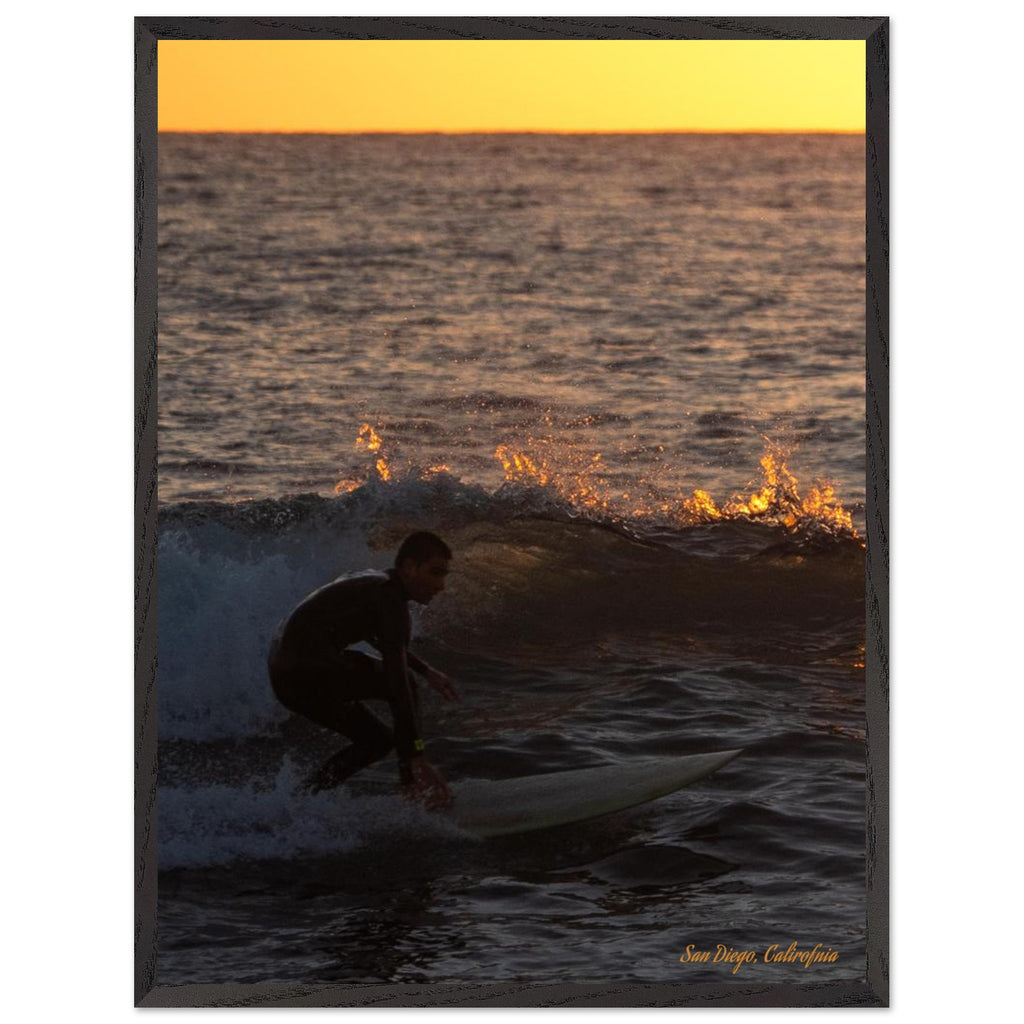 Surfers silhouetted against a San Diego sunset, photography print