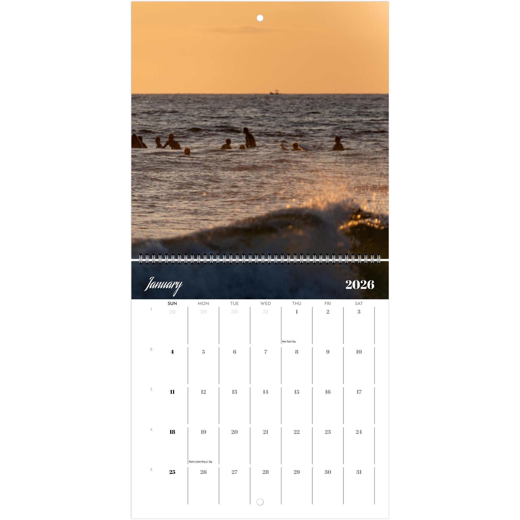 Surfer and wave calendar, full twelve month view