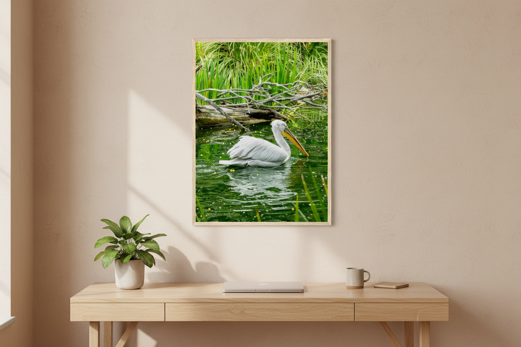 White pelican photography print shown at full size